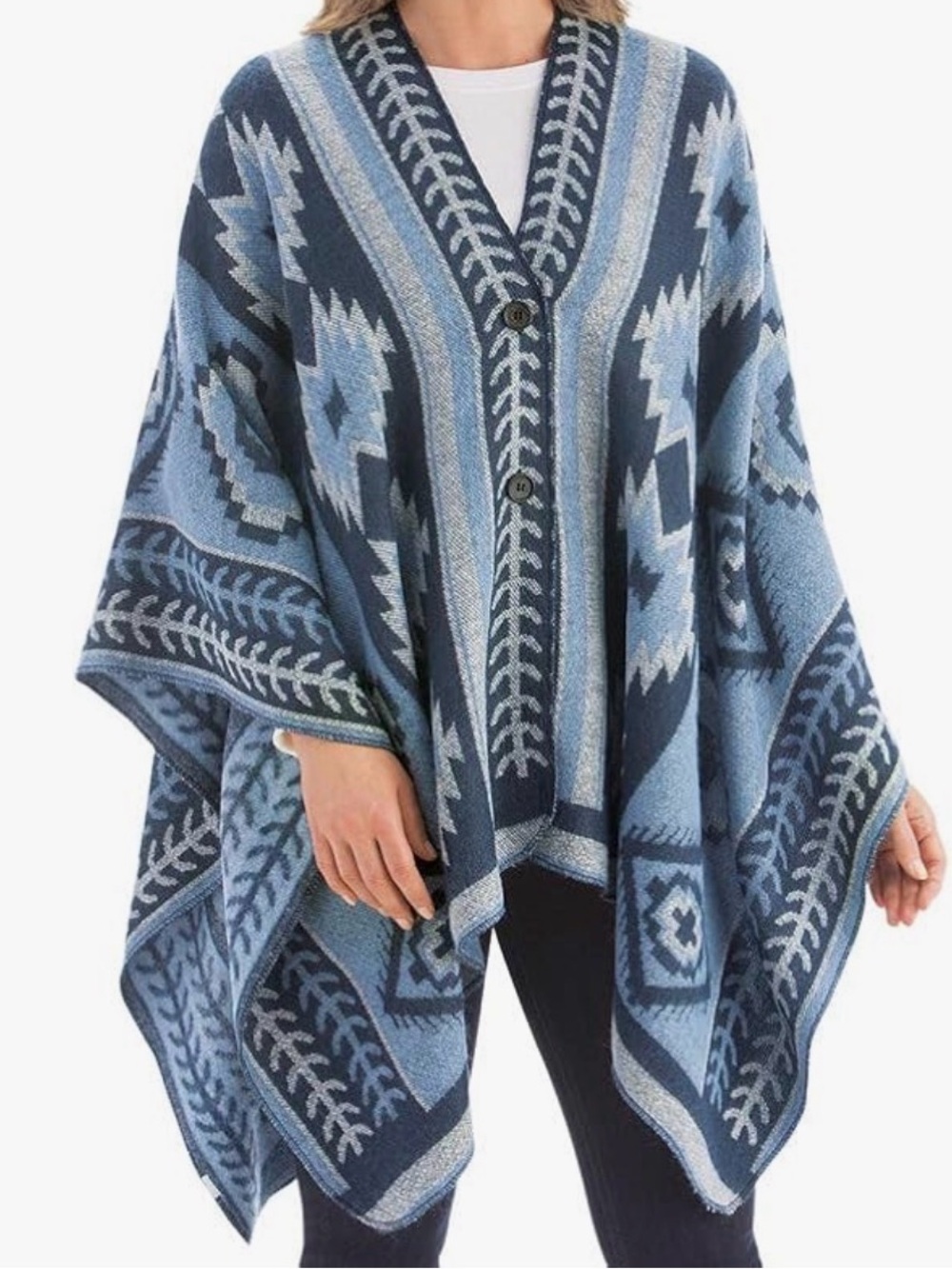 Collections Etc Blue Aztec Poncho Sweater with Button Closure